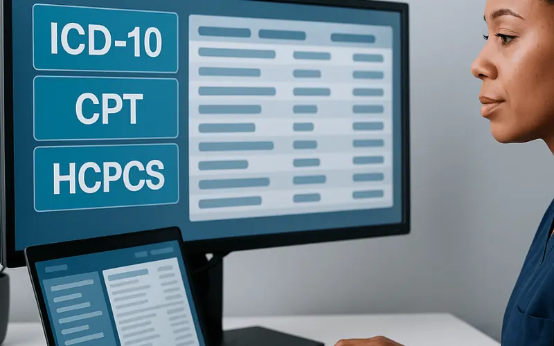 A coding workstation showing ICD-10, CPT and HCPCS code lists on screen