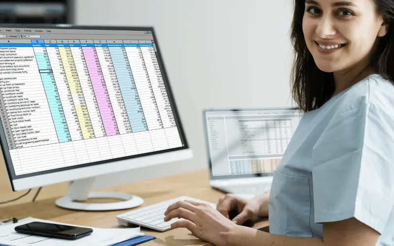 A person in scrubs working at a desk with two screens of patient records